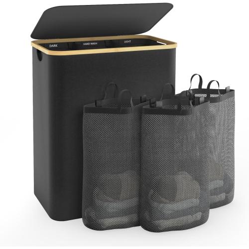 Hampers for Laundry Basket with Lid, 160L Extra Large 3 Section Clothes Divided Organizer for Bedroom, Laundry Room, Dirty Clothing Hamper, Black
