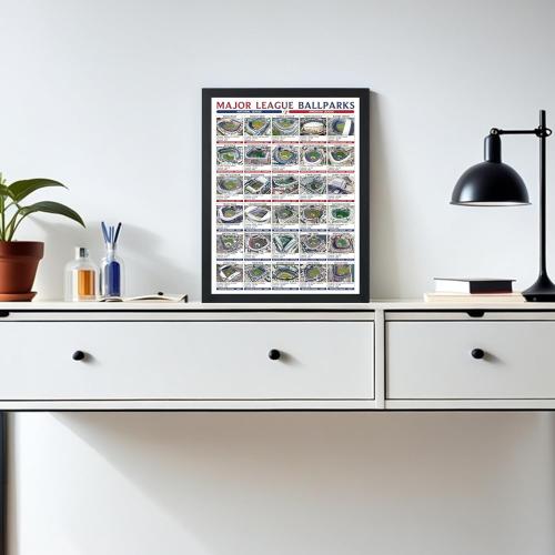 Guwinexi MLB Baseball Stadium Map Tracker - 30 Ballparks Wishlist Poster with Premium Solid Wood Frame,12X16Baseball Decor Gift for Fans, Bedroom/Office Decor