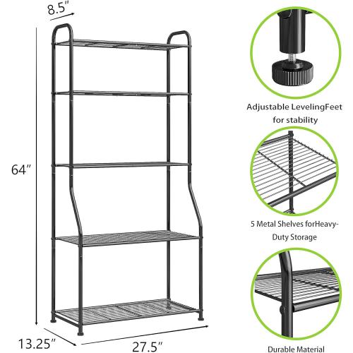 Plant Stand 5-Tier Plant Shelf for Indoor Outdoor, Waterproof Metal Tall Plant Stand for Living Room Bathroom Balcony Garden, Black