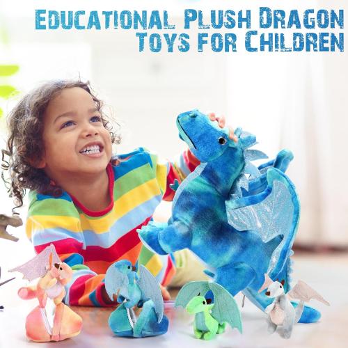 Deekin 7 Pcs Dragon Toy Set 16 Inch Large Dragon Stuffed Animal with 4 Baby Plush and 2 Eggs in Mommy's Belly Dinosaur Plushies Gifts for Boys Girls Birthday(Bright Style)