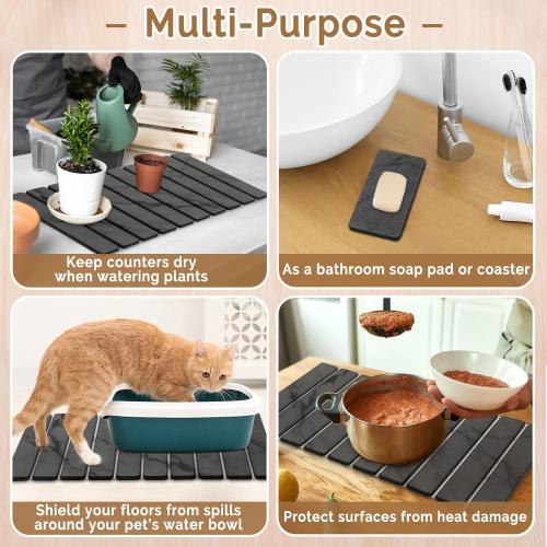 Large Stone Dish Drying Mat for Kitchen Counter, Quick Dry Stone Dishes Mats,Foldable Water Absorbing Diatomaceous Earth Drying Organizer Pad for Plate Rack Bottles Utensils(Dark Gray 24×16 & 8x4)