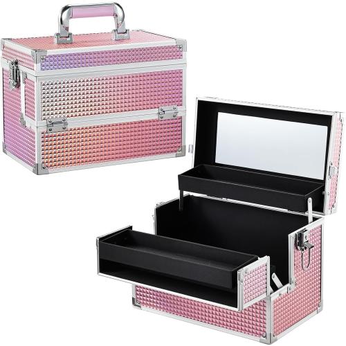 Joligrace Large Makeup Box Organizer, 12 Inch Makeup Train Case with Mirror, Cosmetic Travel Case with 3 Trays, Lockable Train Case for Makeup Artists & Nail Tech Supplies Pink
