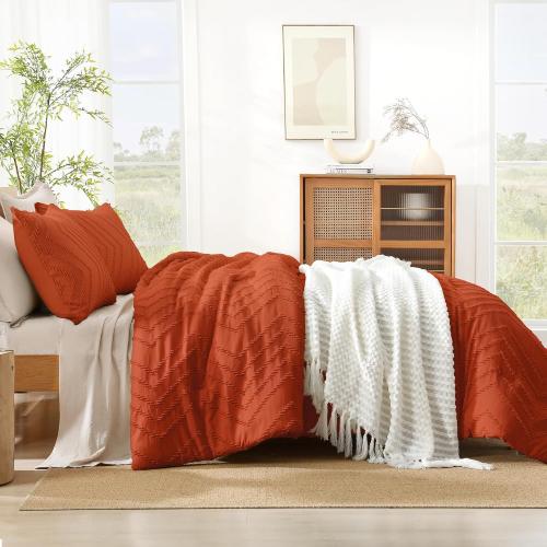 Burnt Orange Cal King Comforter Lightweight Terracotta Rust Boho Fall Tufted Bedding