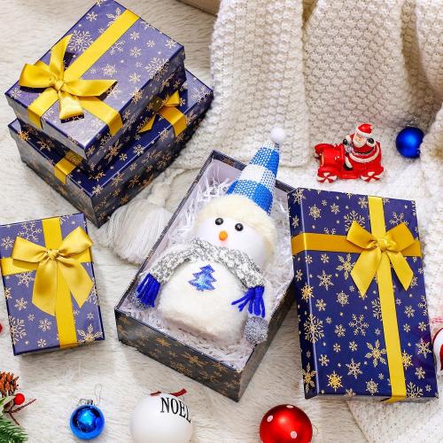 Zhanmai 4 Pcs Winter Nesting Gift Boxes Snowflake Boxes Hard Stackable Boxes with Lids Decorative Winter Nested Present Boxes for Birthday Party Gift Supplies(Blue and Gold,Snowflake)