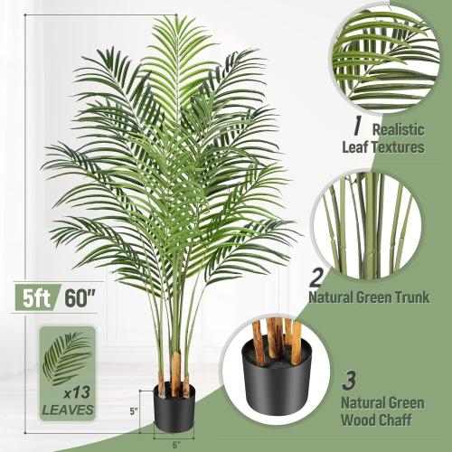 5ft Artificial Palm Tree Indoor Plant Tall Fake Tropical Paradise Palm Tree in Pot with Real Bark Design Faux Areca Palm Tree for Home Office Living Room Bedroom Farmhouse Modern Decor 1pcs