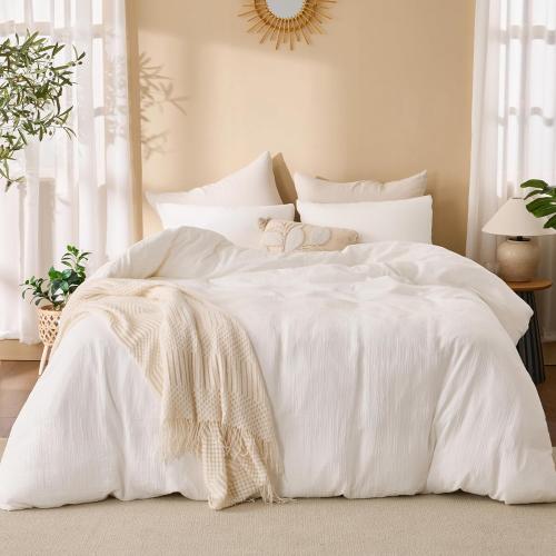 Off White Duvet Cover Queen Size, 100% Sandwashed Cotton Soft Queen Duvet Cover Set 3 Pieces with Zipper Clousre & Corner Buttons (Off White, Queen 90 x 90)