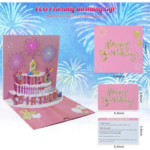 Musical, Firework, 3D Popup Birthday Cards with Light and Music, Blowable, Plays Hit Song 'Happy Birthday', for Women, Men and Kids