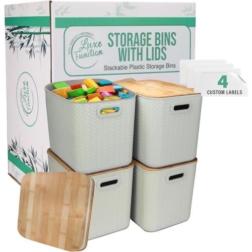 Set of 4 Color Cream Storage Bins with Bamboo Lid – Stackable, Multi-Purpose Organizers for Pantry, Closet, Kitchen, and Home – Elegant Wicker-Style Design with Ergonomic Handles (Cream)