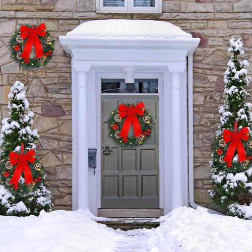 4 Pcs Lighted Christmas Wreaths, 12 Inch Pre Lit Small Xmas Wreath with Large Bow, Pine Needle Wreath with LED Lights Battery Operated Xmas Ornaments for Front Door Wall Christmas Party Decor(Red)