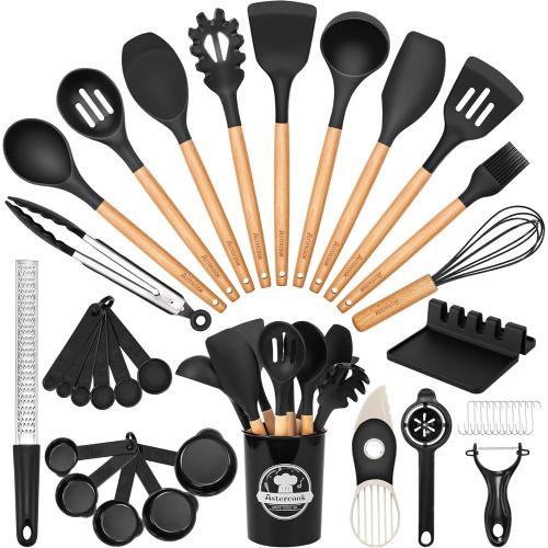 Astercook 39 PCS Kitchen Utensils Set, Silicone Cooking Utensils Set with Wooden Handle, 446°F Heat Resistant Food Grade Utensil Sets, BPA Free Kitchen Gadgets Tools Set for Nonstick Cookware (Black)
