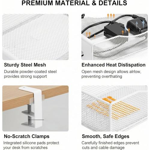 Extra Wide Under Desk Cable Management - No Drill Installation Cable Management Tray, Modern Cord Organizer for Office/Home Desk, Fits Power Strips & Wires((White, XL)
