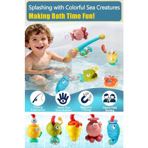 Bath Toys for Kids Ages 1-3 - Magnetic Fishing Toy Set (8 PCS) with 5 Floating Sea Animals, Net & Water Sprayer, Fun Baby Bath & Swim Time Activity, Ideal Gift for 1-6 Year Old Boys & Girls