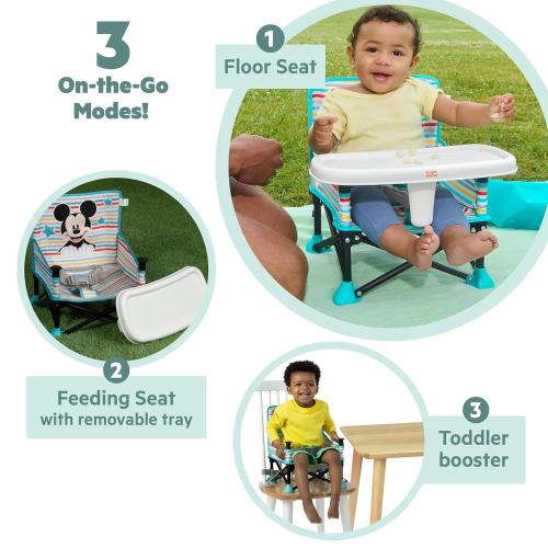 Bright Starts Disney Mickey Mouse Pop 'N Sit Portable Booster, Indoor/Outdoor Use, Floor Seat with Feeding Tray, Blue, 6 Mos - 3 Yrs