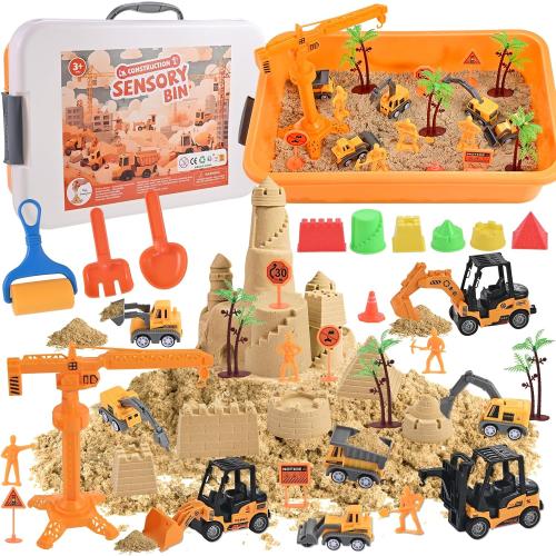 34Pcs Sand Construction Site Kit Sensory Bin Toy for Toddler with 8 Vehicles, 6 Castle Molds, 5 Road Signs, 4 Worker Figures, 2.2lbs Sand, Learning Sand Toys Birthday Gift for Kids Boys Ages 3 4 5