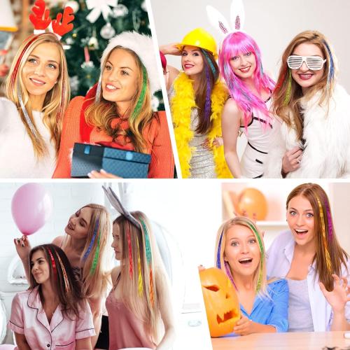 FEBSNOW 47 Inches Rainbow Tinsel Hair Extension with Tool 2400 Strands 12 Mixed Colors Hair Extension Tinsel Kit Glitter Rainbow Hair Extensions for Gay Pride Month Activities Accessories