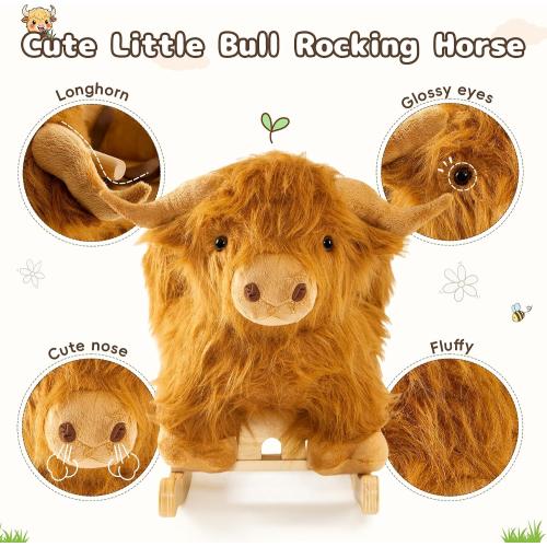Baby Rocking Horse,Highlander Cattle Wooden Rocking Horse for Toddlers 1 Year Old Cute Cow Stuffed Plush Ride-on Toy Rocking Animal for Baby Boys and Girls Nursery/Child Christmas or Birthday Gift
