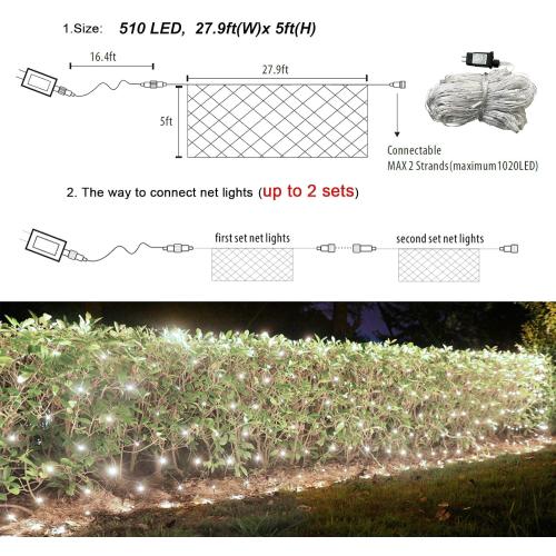 Lovelite 510 LED Christmas Net Lights, 28ft x 5ft Mesh Lights Outdoor Clear Wire 8 Modes, Waterproof Connectable String Lights Plug in for Xmas Tree Bushes Garden Holiday Party Decorations - White