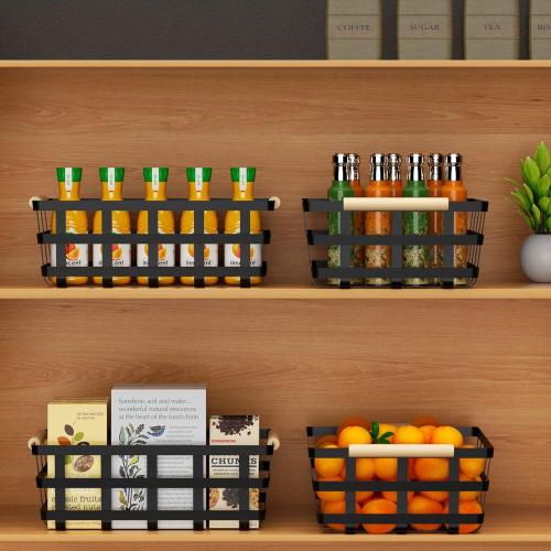 Wire Metal Baskets Metal Wire Food Storage Basket Organizer Farmhouse Baskets Bin Metal Wire Food Storage Basket Organizer with Wood Handles for Pantry Cabinets