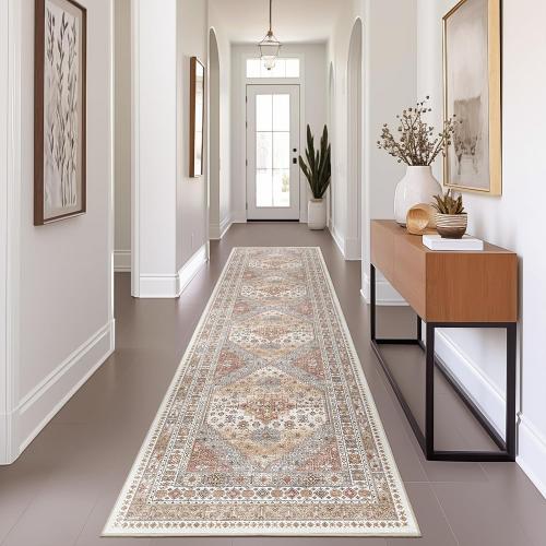 Runner Rug 2x8 Runners for Hallways Non Slip Washable, Vintage Hallway Runner Rugs for Living Room, Low Pile Soft Hallway Rug for Kitchen Bedroom Laundry Room Rug(Orange,2'x8')