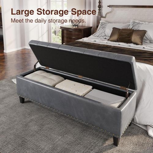 Size 51 Color Grey Large Storage Bench, 51-Inch Ottoman for Bedroom End of Bed, 30 Gallons Faux Leather Bench for Bedroom, Living Room, Entryway, Hallway, Grey