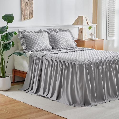 Ruffle Skirt Bedspread Set - 30 Long Drop - Vintage Chic Ruffled Summer Coverlet Bed Spreads Quilt Boho Bedding Farmhouse Style Lightweight Luxurious Rustic 3 Piece Set Queen Size Gray