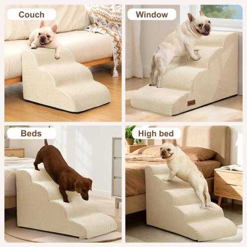 Aodisman Dog Ramp and Stairs for Small Dogs & Cats,3-Step Pet Stairs for Couch Sofa and Chair,Indoor Anti-Slip Dog Stairs for Old Cats and Puppy,Beige