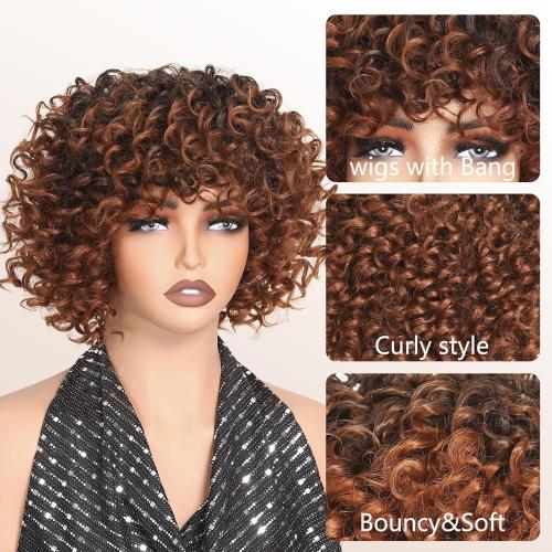 Ombre Brown Synthetic Curly Wigs For Black Women Short Curly afro Wig With Bangs Synthetic Hair Heat Resistant African American Wigs