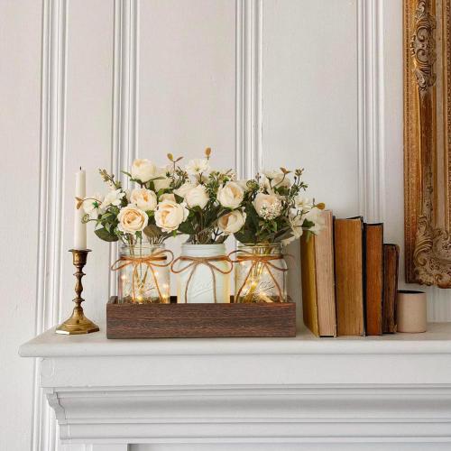 3 Pcs Mason Jar Centerpiece Table Decorations for Dining Table Decor Farmhouse Coffee Table Decor with Wood Tray and Led Light Table Centerpieces for Dining room Kitchen Living Bathroom,White