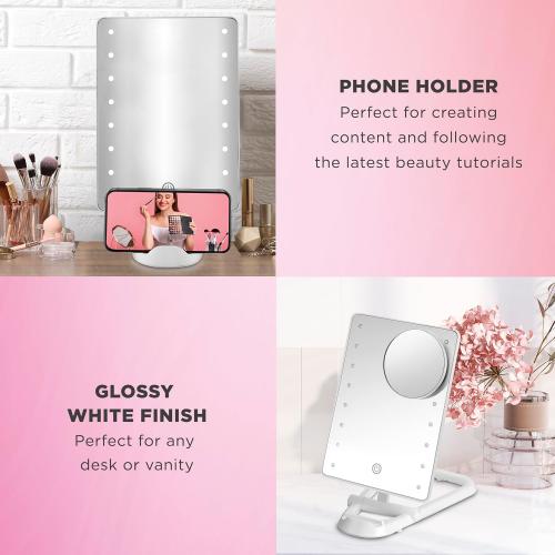 Conair Lighted Makeup Mirror, LED Vanity Mirror, 1X/10X Magnifying Mirror with Phone Holder, Battery Operated in Glossy White