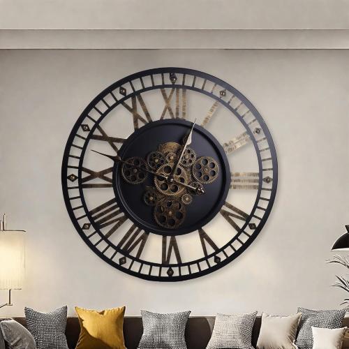24 Inch Large Digital Wall Clock with Real Moving Gears-Round Silent Vintage Industrial Metal Farmhouse Clock for Bedroom, Battery Operated, Roman Numeral, Golden