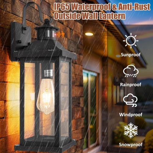 18 Inch Motion Sensor Outdoor Lights 2-Pack, Large Black Dusk to Dawn Outdoor Porch Lights for House IP65 Waterproof Exterior Lighting Fixtures for Front Door Garage Lantern Sconces