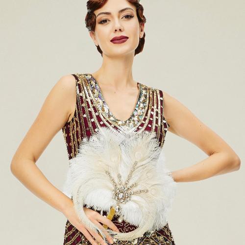 BABEYOND Vintage 1920s Bridal Feather Bouquet Crystal Bridesmaid Bouquet 20s Gatsby Wedding Bouquet (Beige)