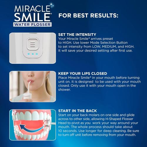 Ontel Miracle Smile Water Flosser for Teeth&Gum Health, Unique H-Shaped Flossing Head&4 Water Jets, Cordless Water Flosser Features 360° Cleaning&3 Pressure Modes, USB Rechargeable Dental Floss, White