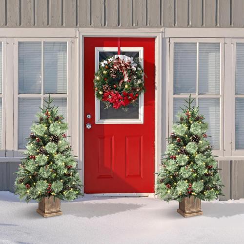 Jin&Bao 4FT Potted Christmas Tree with 100 Lights, 2 Pack Artificial Xmax Tree Timer Function with Long Pine Cones & Red Berries, 3AA Battery Operated Christmas Decorations for Outdoor, Porch