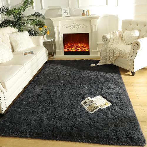 LOCHAS Ultra Soft Indoor Modern Area Rugs Fluffy Living Room Carpets for Children Bedroom Home Decor Nursery Rug , Dark Grey