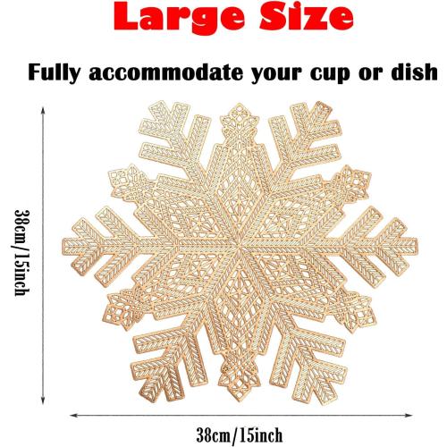 Snowflake Placemats Set of 6,Rouhuhura 15 inch Christmas Placemats Decorations Snowflake Tablemats Hollow Out Design Round Vinyl Place Mats Dining Table Setting Kitchen Table Mats for Christmas(Gold)