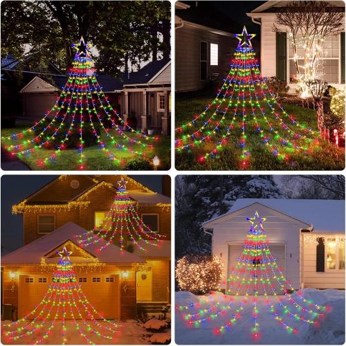 BlcTec Outdoor Christmas Decorations 317 LEDs Christmas Lights with 9 Strands 11.9ft Waterfall Christmas Tree Lights, 8 Modes, Waterproof, Topper Star & Timer for Yard Patio Xmas Décor, Multicolor