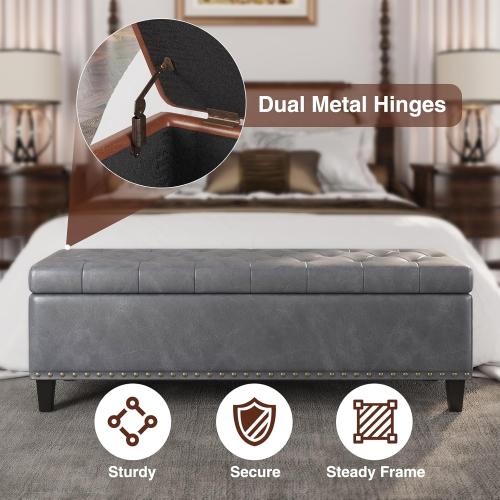 Size 51 Color Grey Large Storage Bench, 51-Inch Ottoman for Bedroom End of Bed, 30 Gallons Faux Leather Bench for Bedroom, Living Room, Entryway, Hallway, Grey