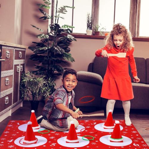 Leitee 46 Pcs Christmas Ring Toss Game Santa Hat Ring Toss Carnival Games for Adults 6 Plastic Cones 30 Rings 1 Cloth Mat 6 Plush Balls 2 Plush Strips and Glue for Christmas Party