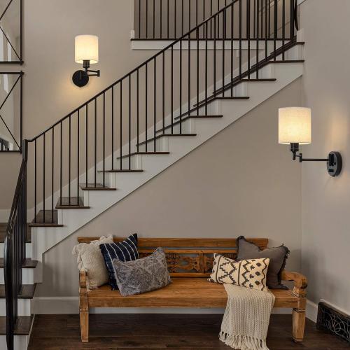 Set of 2 CADUKE Plug in Wall Light Set of 2, Swing Arm Wall Lamps, Modern Bedroom Wall Sconce Fixtures with Linen Lampshade for Reading Hallway Living Room