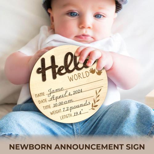 Baby Coming Soon Announcement - Wooden Double-Sided Pregnancy Sign for Hospital, Welcome Hello World Newborn, Name Birth