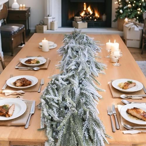 9FT Christmas Garlands Norfolk Pine Garland, Real Touch Artificial Winter Pine Garland, Green Artificial Greenery Garlands with Snowflake for Wall, Mantle, Table, Indoor, Outdoor Christmas Decorations