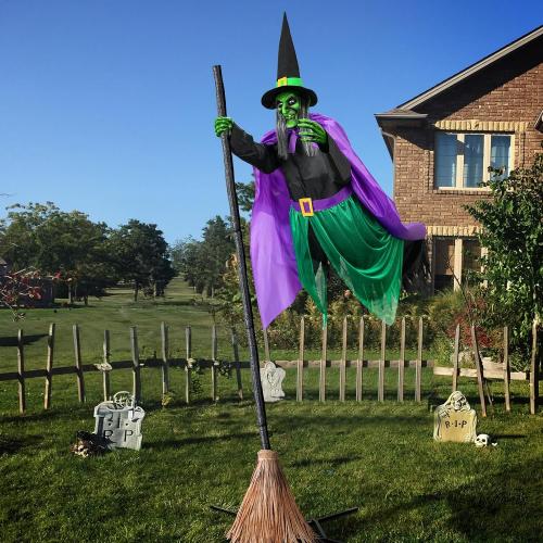 Size 12ft Halloween Decorations Outdoor - 12 Ft Animated Hovering Witch Animatronics Prop with Sound & Touch Activated Sensor - Spooky Scary Decor for Home Outside Garden Yard Lawn