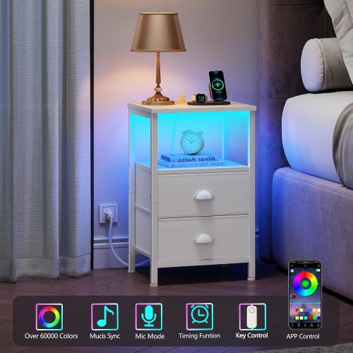 Furologee LED Night Stand with Charging Station, White Nightstand with Fabric Drawers, Bedside Table with Storage Shelf, End Table for Living Room/Bedroom/Dorm