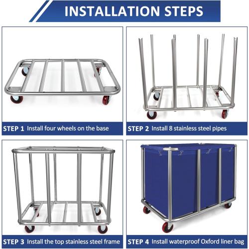 Commercial Laundry Cart with Wheels,11.35 Bushel Large Industrial Laundry Hamper,Industrial Laundry Cart with Stainless Steel Frame and Waterproof Oxford Cloth,440Lbs