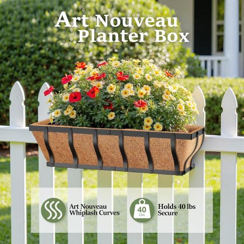 VOXOR Railing Planter Boxes, Heavy Duty Window Box Planters, Adjustable Balcony Planters for Railing Hanging, with Coco Liner for Deck, Porch, and Patio Gardening (2 Pack, 24 Inch)