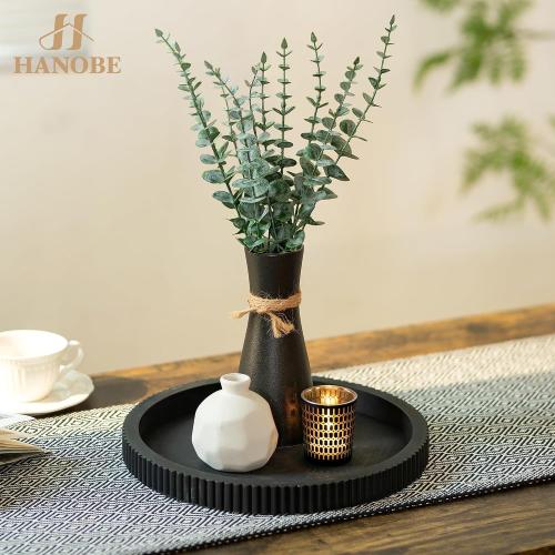 Hanobe Black Decorative Coffee Table Tray, Scalloped Edge | 12 round wood centerpiece tray, ideal for living room, entryway table, kitchen island, fits modern decor.