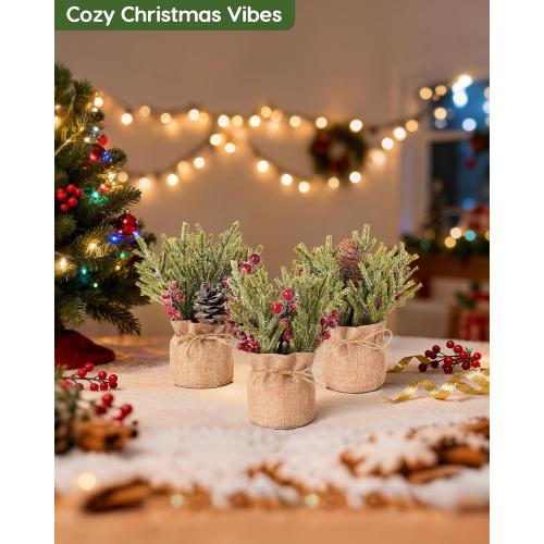 Velener Artificial Christmas Flowers for Outdoor-3 Pcs Faux Pine Branches with Red Berries & Pinecones, Fake Christmas Greenery Stems with Burlap Bag Vase, Winter Norfolk Pine Branches for Indoor
