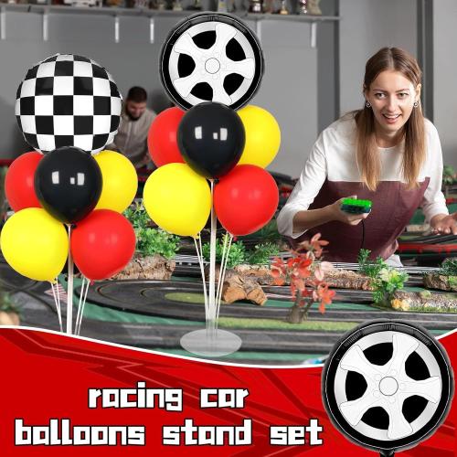 2 Pack Red Yellow and Black Race Car Party Balloons Stand Kit 2 Sets With 2 Checkered Foil Balloon Racing car Party Balloon Red Black Yellow Race Car Birthday Party Decor Set For Boys Let's go Racing New Year Party Decorations