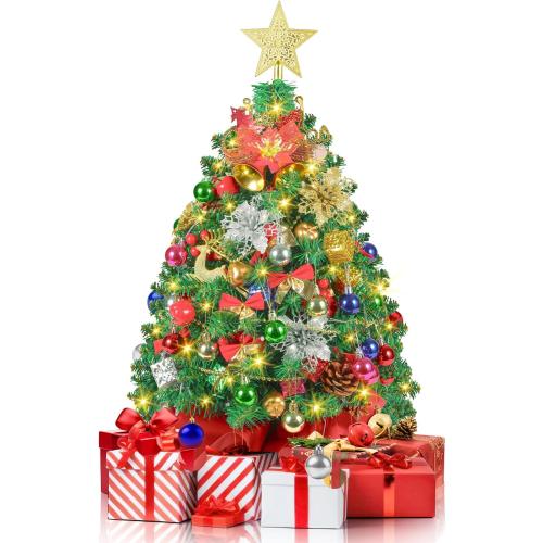 2FT Mini Christmas Tree, Artificial Tabletop Christmas Trees with 60 LED Lights, Prelit Small Christmas Tree, 100 Branch Tips, 80 Ornaments, Indoor Christmas Table Decor for Home Party